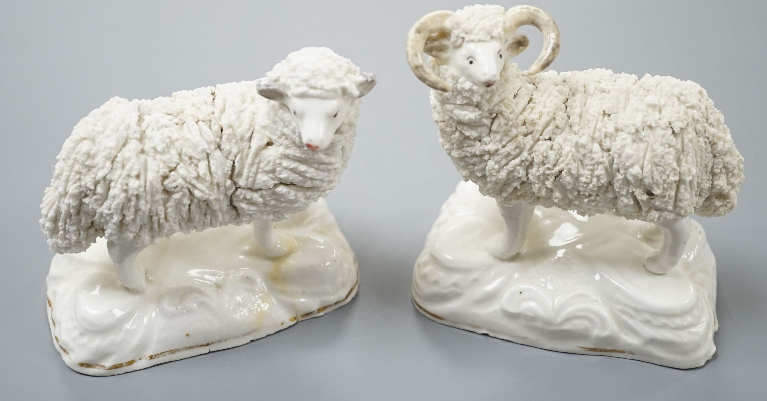 A pair of large Staffordshire porcelain figures of a ewe and a ram, c.1835–50, 10.5 and 11 cm high, Provenance: Dennis G.Rice collection